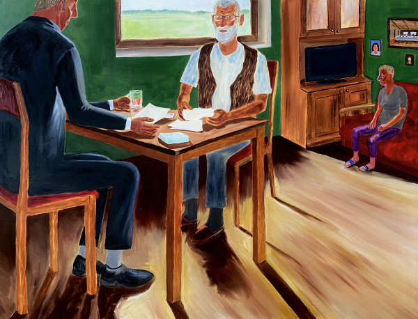  Rodzice bioracy kredyt na moje studia, olej na płótnie, 100x130 cm, 2022, Patryk Różycki
