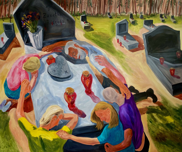 Z rodziną przytulamy grób mojej siostry i brata, olej na płótnie, 160x190 cm, 2022, Patryk Różycki